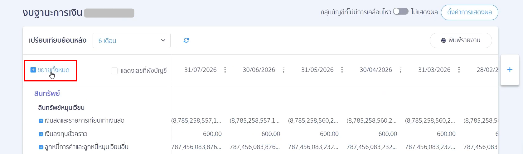 custom-profit-loss-7.2 ปุ่ม ย่อทั้งหมด / ขยายทั้งหมด: สามารถกดคลิกเดียวเพื่อเปิดดูรายละเอียดผังบัญชีด้านในกลุ่มที่ Custom ไว้ทั้งหมด หรือย่อเพื่อดูเฉพาะหัวข้อกลุ่มบัญชีหลักทางด้านบริหารได้อย่างรวดเร็ว