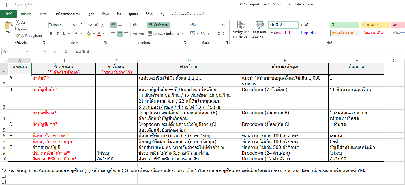 เปิดไฟล์ Excel แล้วกรอกข้อมูลผังบัญชีตามโครงสร้างที่ระบบกำหนด (เช่น ลำดับ, ผังบัญชีหลัก, ผังบัญชีรอง, ผังบัญชีย่อย, ชื่อบัญชี)