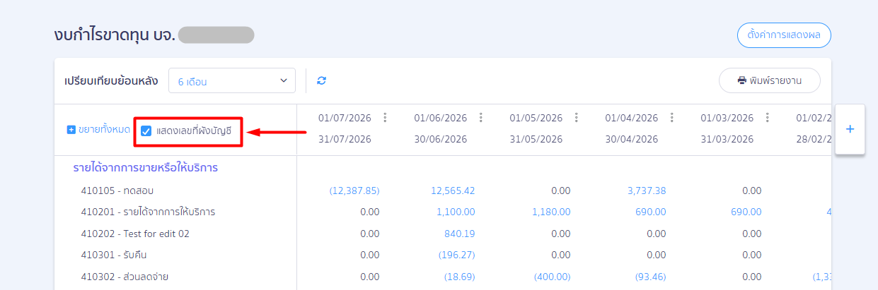 custom-profit-loss-7.3 กล่อง แสดงเลขที่ผังบัญชี: สามารถติ๊กถูกเพื่อเปิดแสดงเลขที่รหัสบัญชีควบคู่ไปกับชื่อกลุ่มบัญชีที่ Custom ไว้ เพื่อความแม่นยำในการตรวจสอบที่มาของตัวเลขทางบัญชี