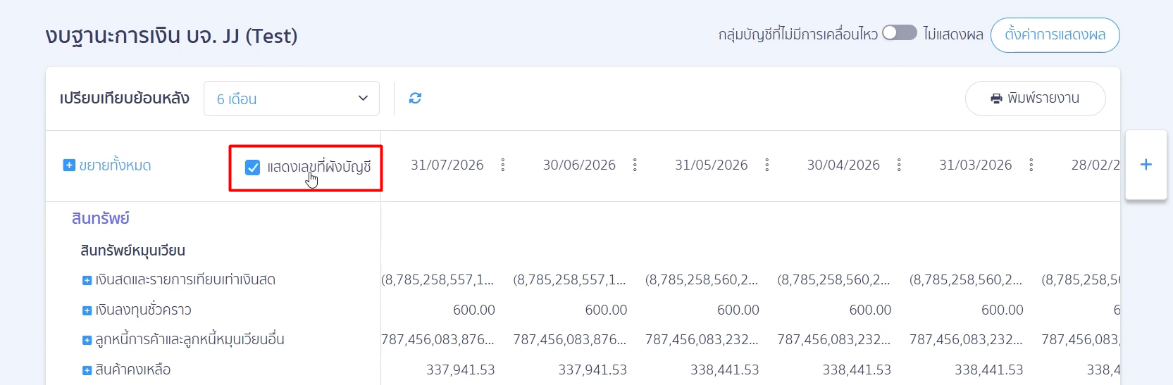 แสดงเลขที่ผังบัญชี งบฐานะการเงิน
