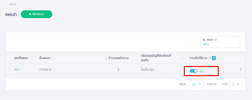 กดปิดการใช้งานแผนก บน PEAK Payroll