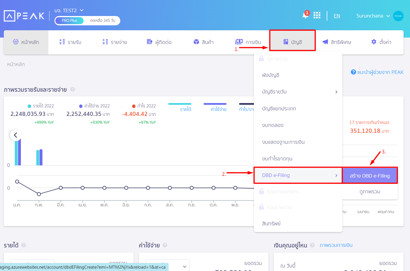 พิมพ์ไฟล์ XBRL โดยเข้าไปที่เมนูบัญชี บน PEAK เลือก DBD e-Filing สร้าง DBD e-Filing