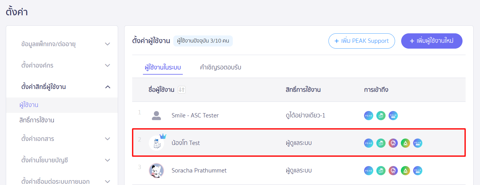 จะแสดงว่าได้รับสิทธิ์ ผู้ดูแลระบบ ใน PEAK