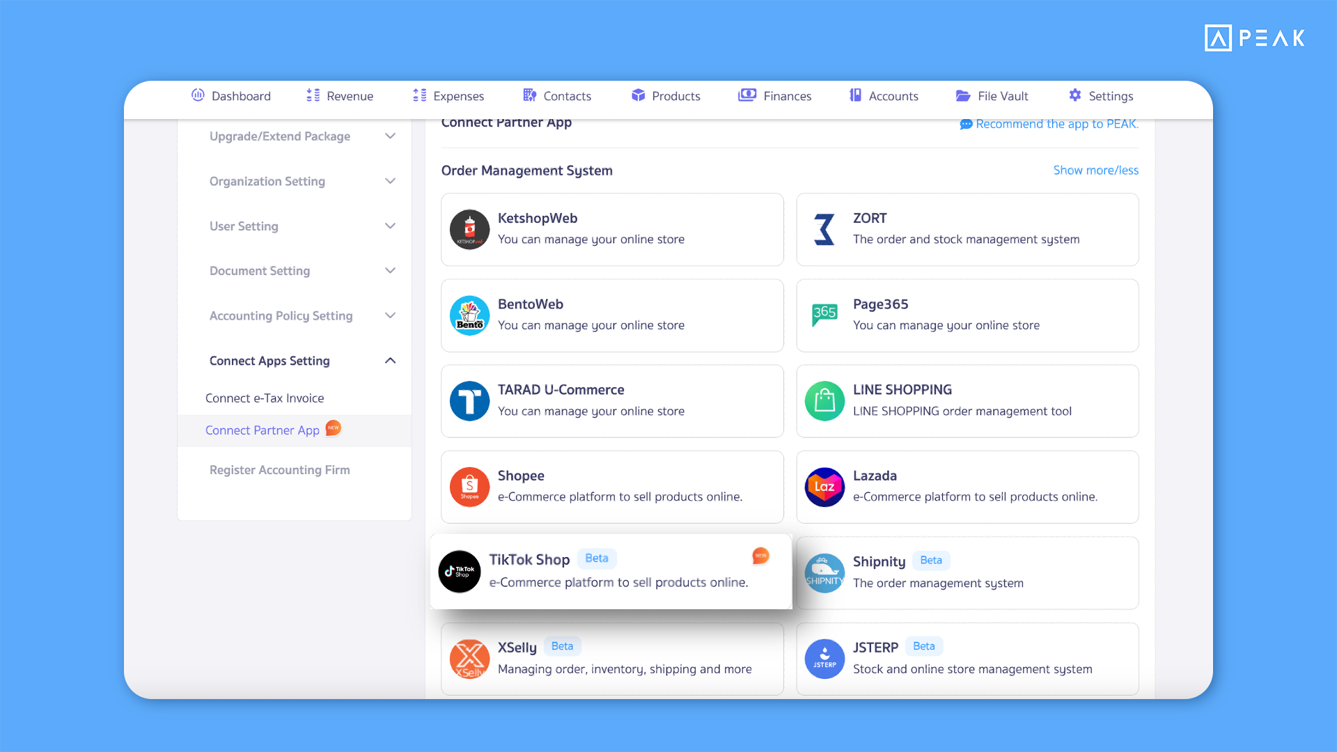 Connecting TikTok Shop API to PEAK accounting software.