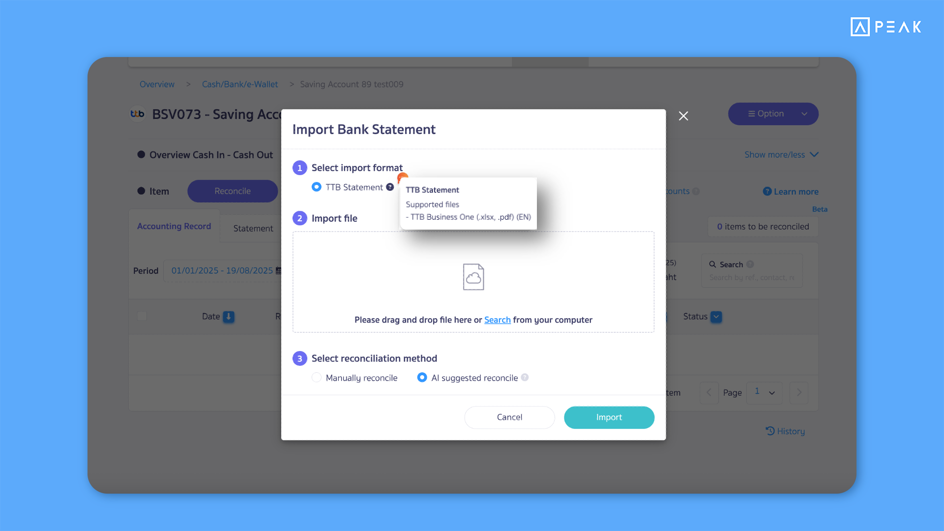 Support importing Statement files from TTB Business One into PEAK program