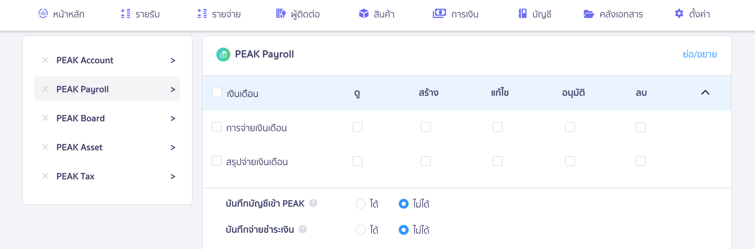 สิทธิ์การทำจ่ายเงินเดือนและสรุปจ่ายเงินเดือน สำหรับ PEAK Payroll