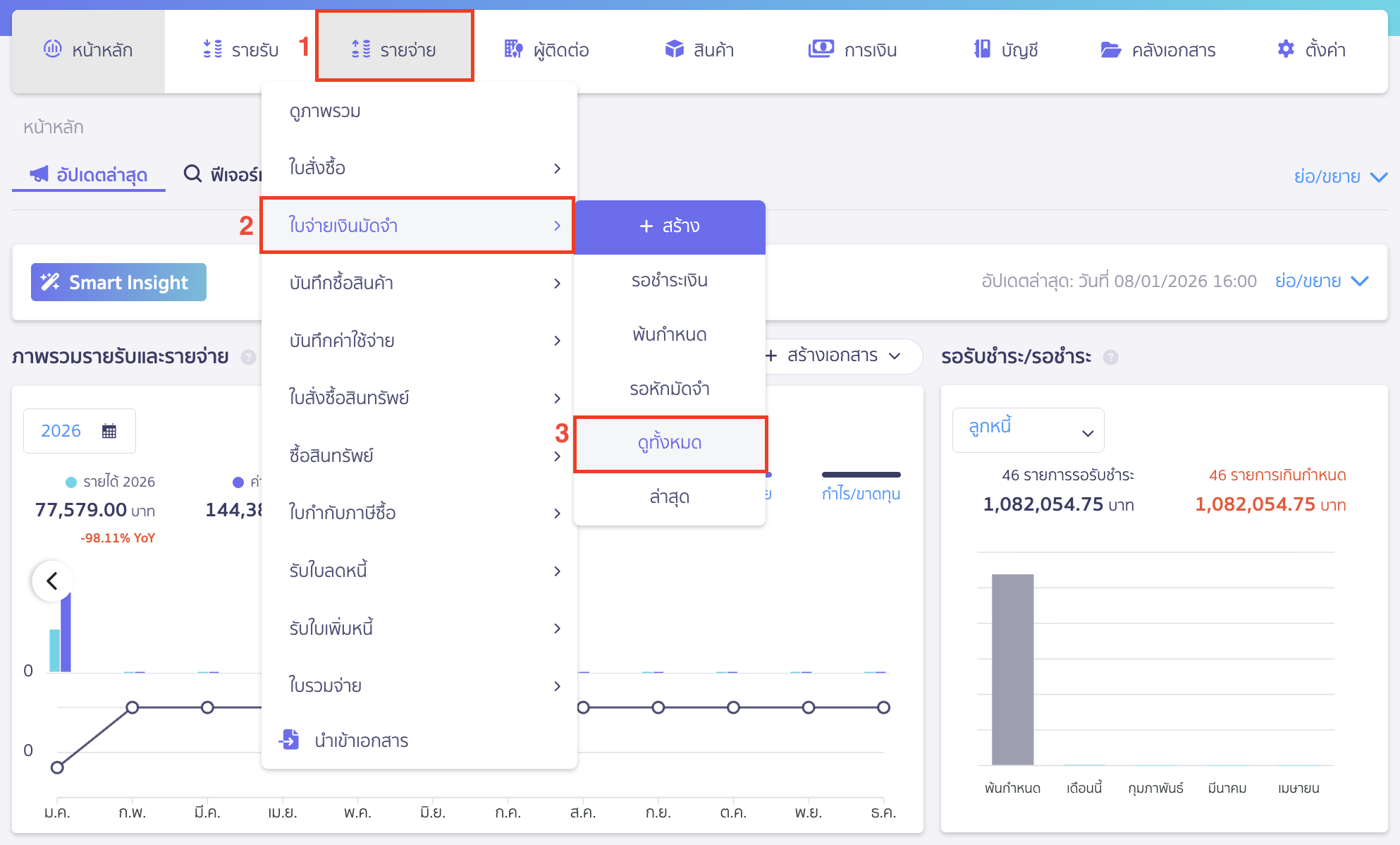 cancel-payment-deposit-1 การยกเลิกเอกสารใบจ่ายเงินมัดจำ ไปที่เมนูรายจ่าย > ใบจ่ายเงินมัดจำ > ดูทั้งหมด