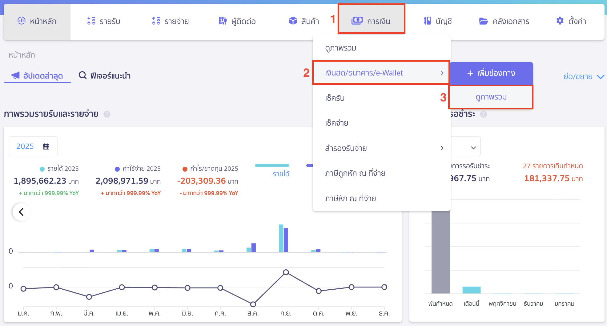 record-overdraft-payment-5 ไปที่เมนูการเงิน > เงินสด/ธนาคาร/e-Wallet > ดูภาพรวม ใน PEAK
