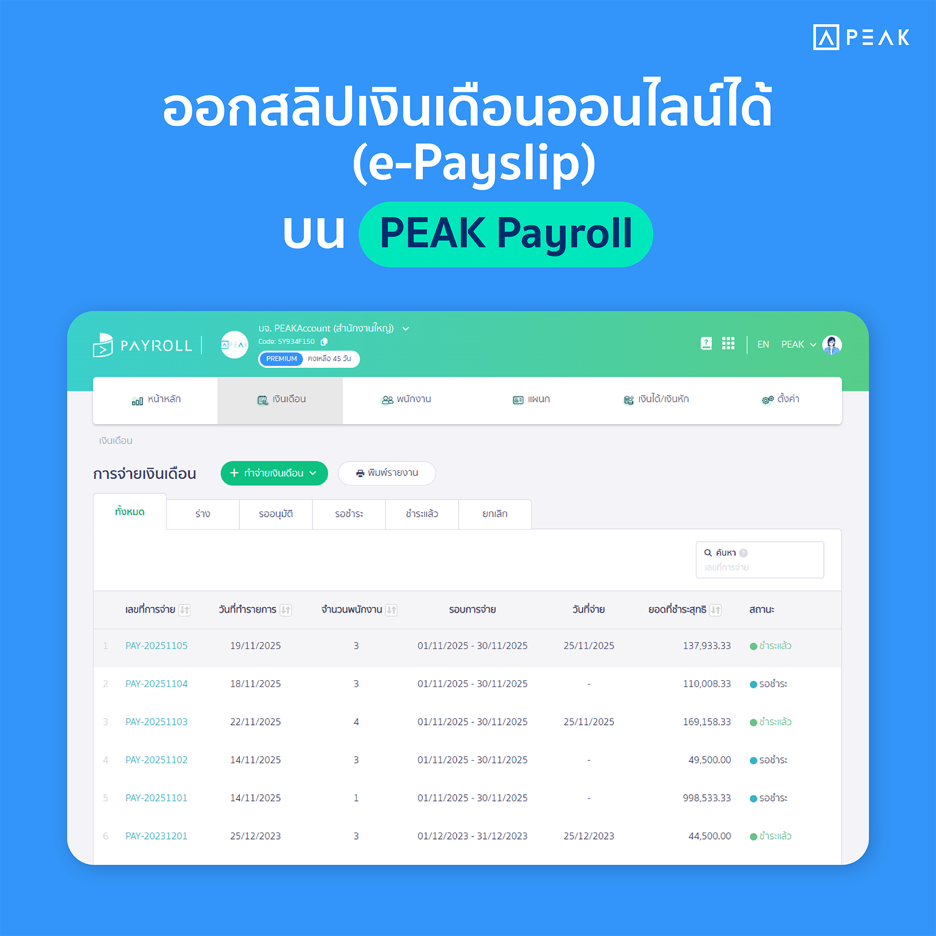 ออกสลิปเงินเดือนออนไลน์ด้วย PEAK Payroll