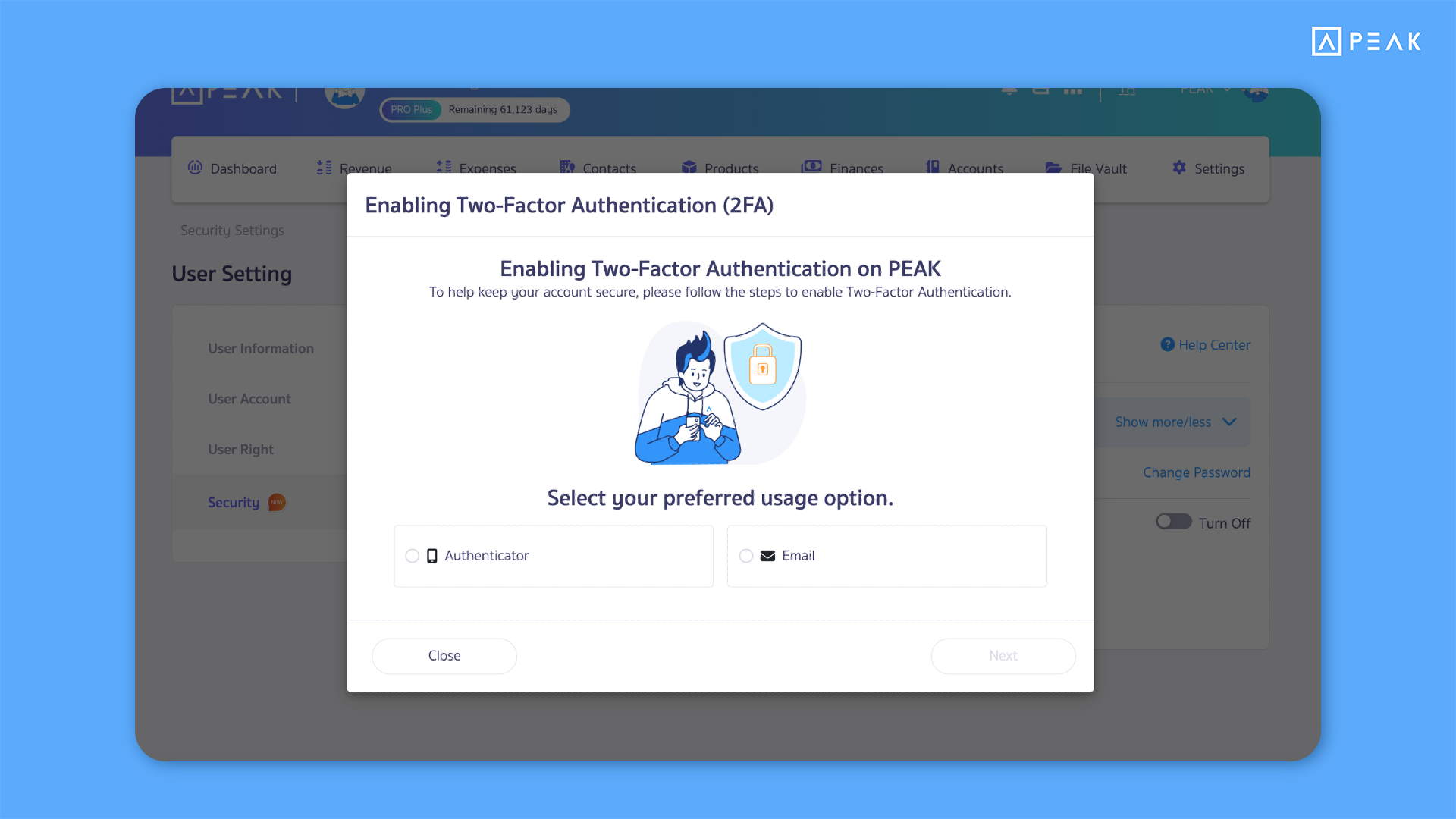 PEAK program's new Two-Factor Authentication (2FA) security feature.