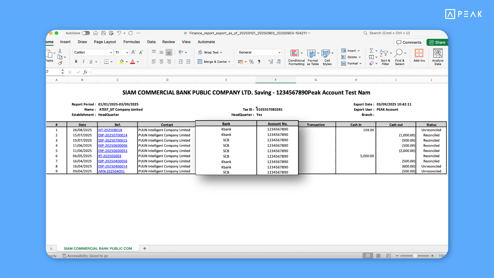 PEAK financial report showing partner bank and account information.