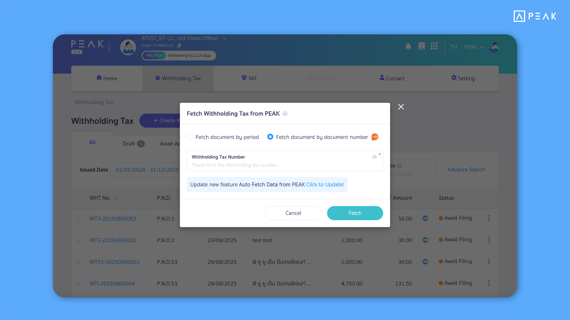 PEAK TAX screen showing the new feature for retrieving tax data by document number.