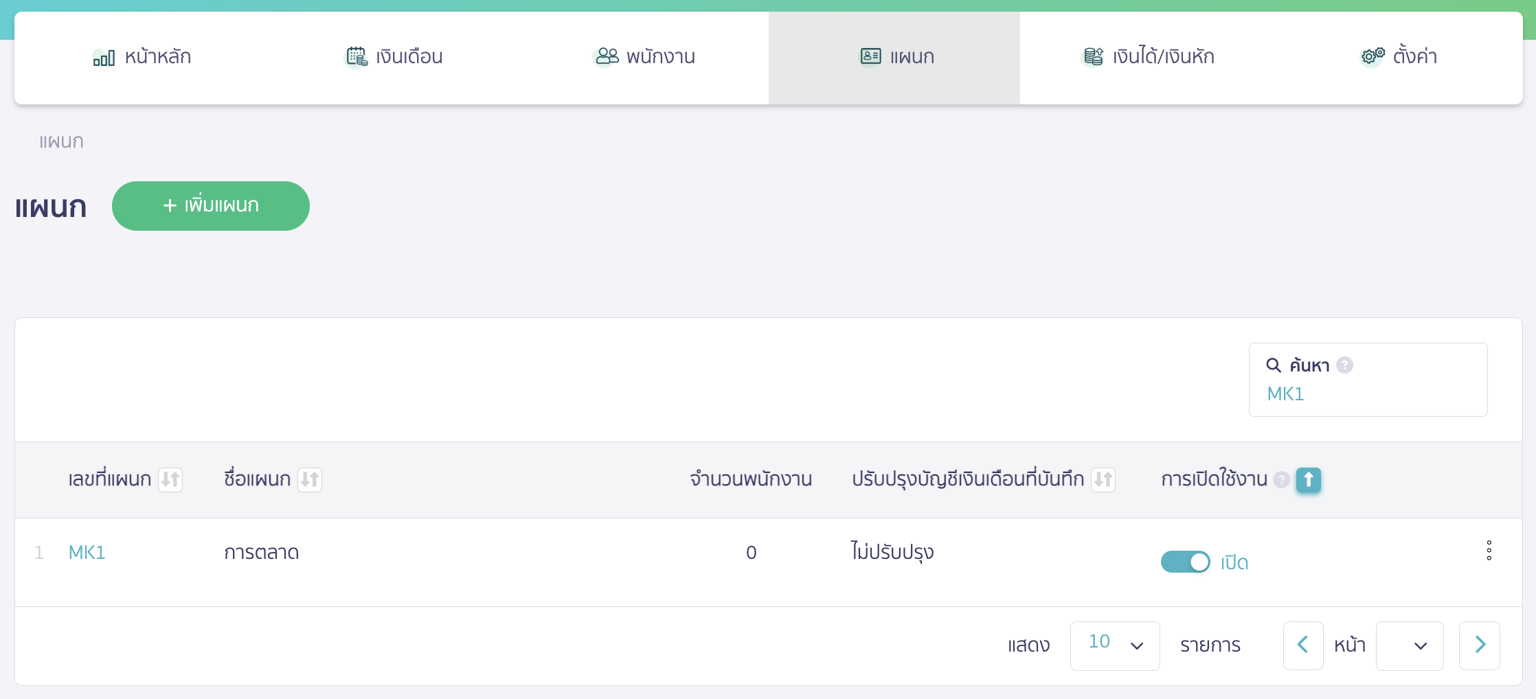 add-department-and-position-6 เมื่อทำการกดปุ่มเพิ่มแผนกแล้ว แผนกจะถูกแสดงอยู่บนระบบตามตัวอย่างภาพด้านล่างนี้
