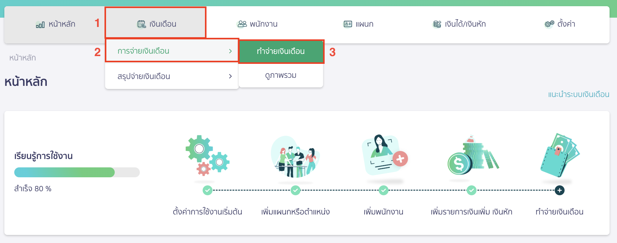 peak-payroll-system-14 โดยไปที่เมนูเงินเดือน > การจ่ายเงินเดือน > ทำจ่ายเงินเดือน