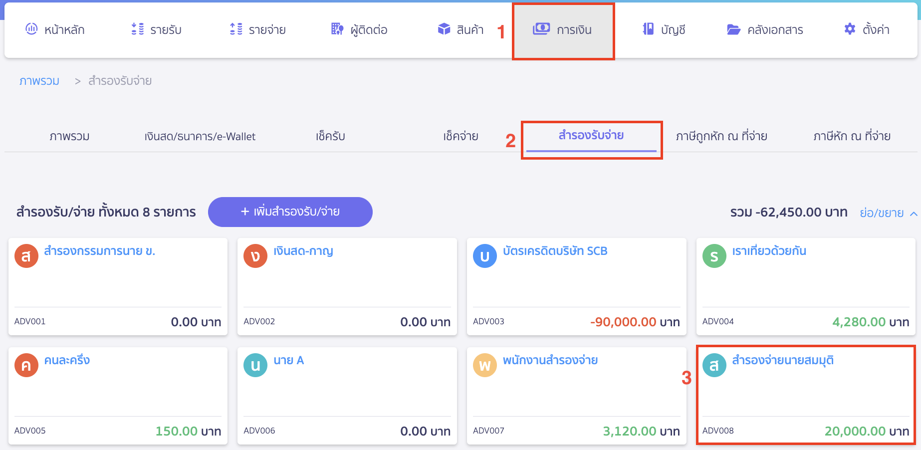 record-payment-supplier-and-advance-7 ตรวจสอบหน้ายอดเงิน โดยไปที่เมนุการเงิน > สำรองรับจ่าย > สำรองจ่ายนายสมมุติ ใน PEAK