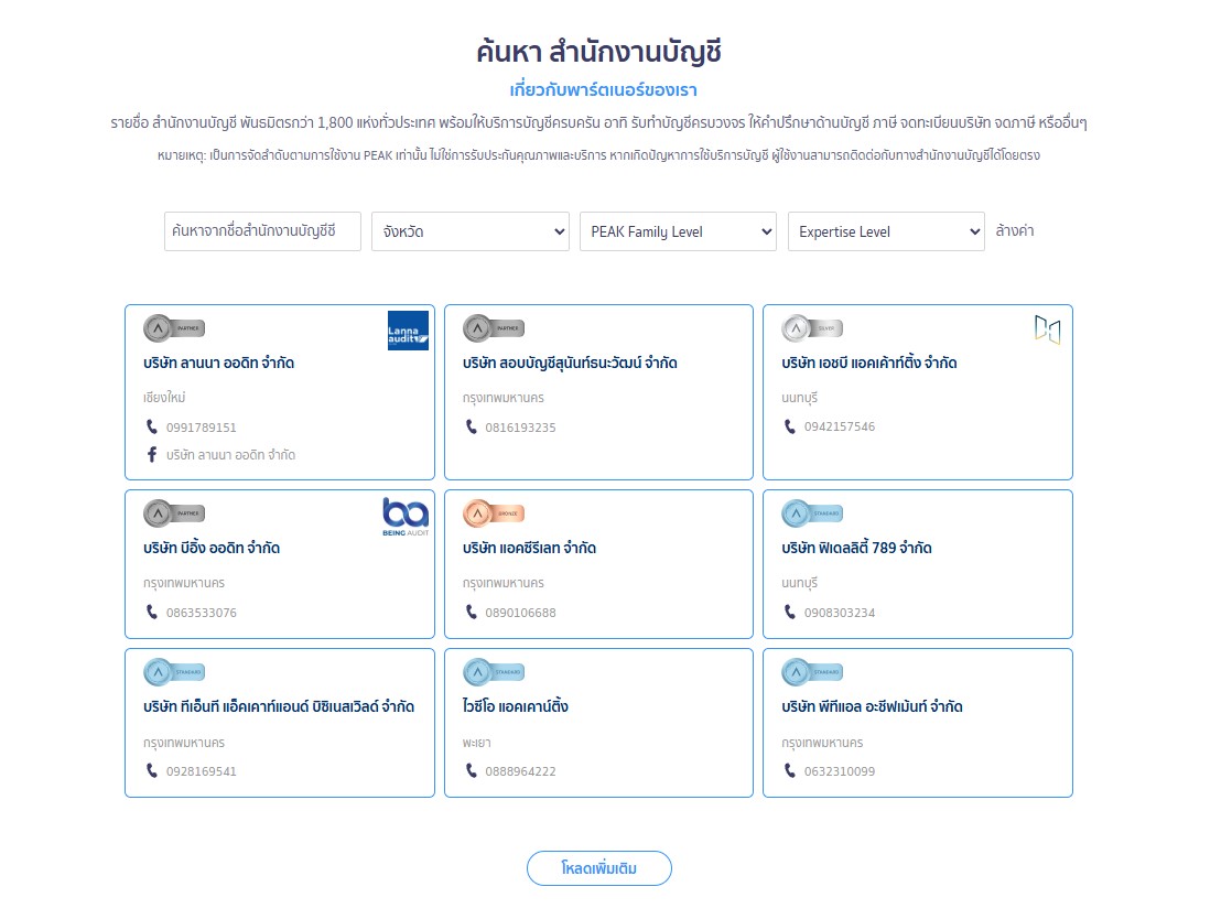 หน้าเว็บไซต์จะแสดงถึงสำนักงานบัญชีที่เป็น Partner กับทาง PEAK