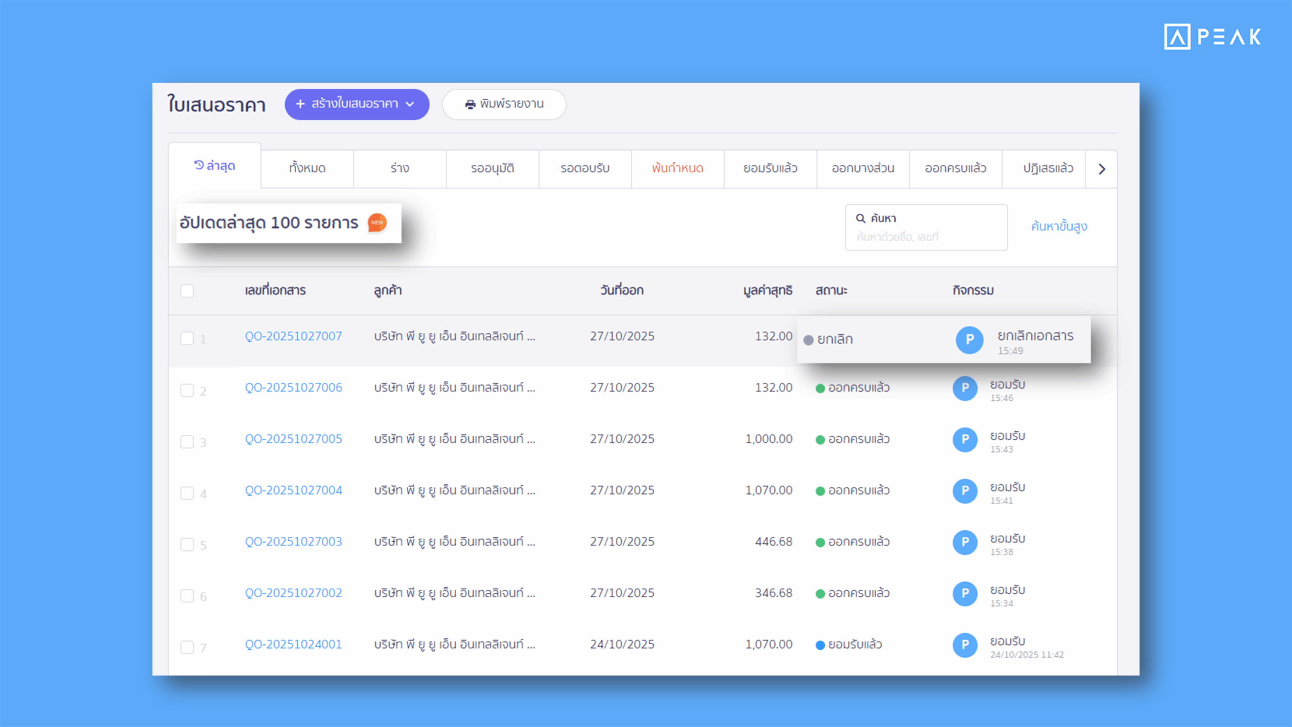 ปรับแถบ “ล่าสุด” ให้เห็นทุกการอัปเดตของเอกสารแบบเรียลไทม์ ได้ใน PEAK