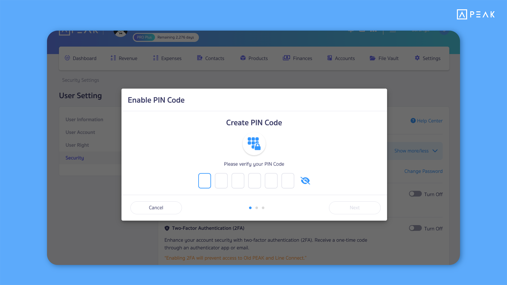 6-digit PIN in PEAK