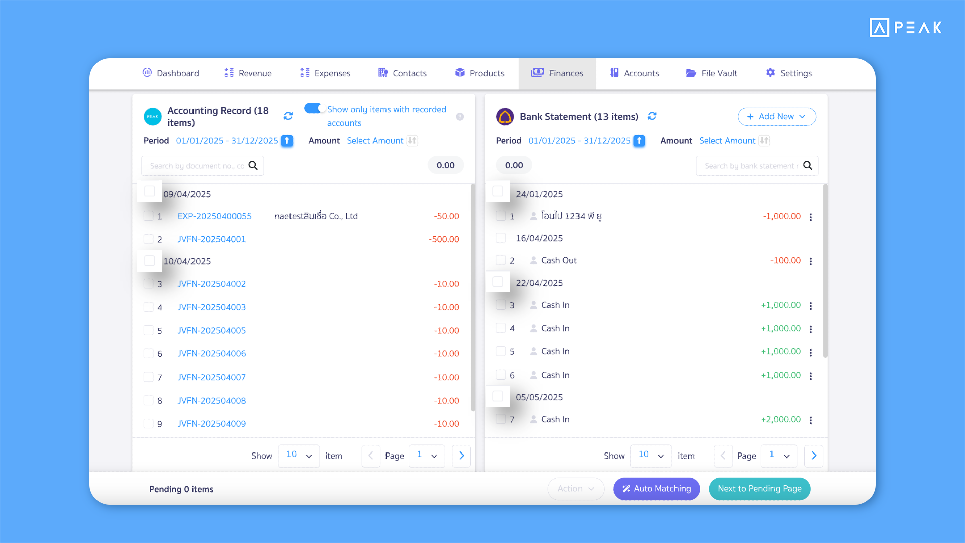 Faster and clearer bank reconcile with new columns and multi-select in PEAK