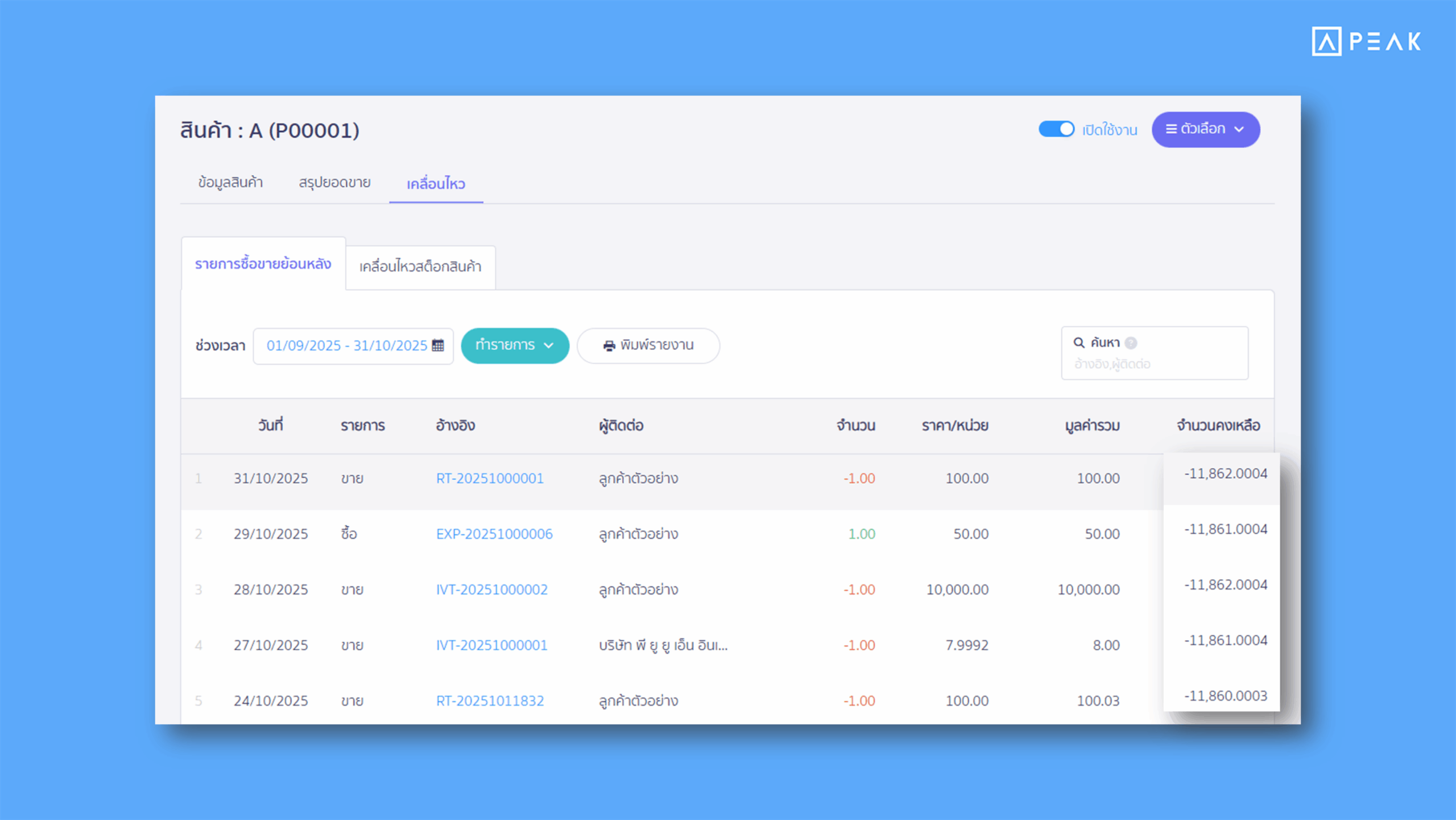 ปรับการแสดงผลรายงานในหน้าสินค้า/บริการ ให้สามารถแสดงผลจุดทศนิยมได้สูงสุด 4 ตำแหน่ง ในโปรแกรมบัญชี PEAK
