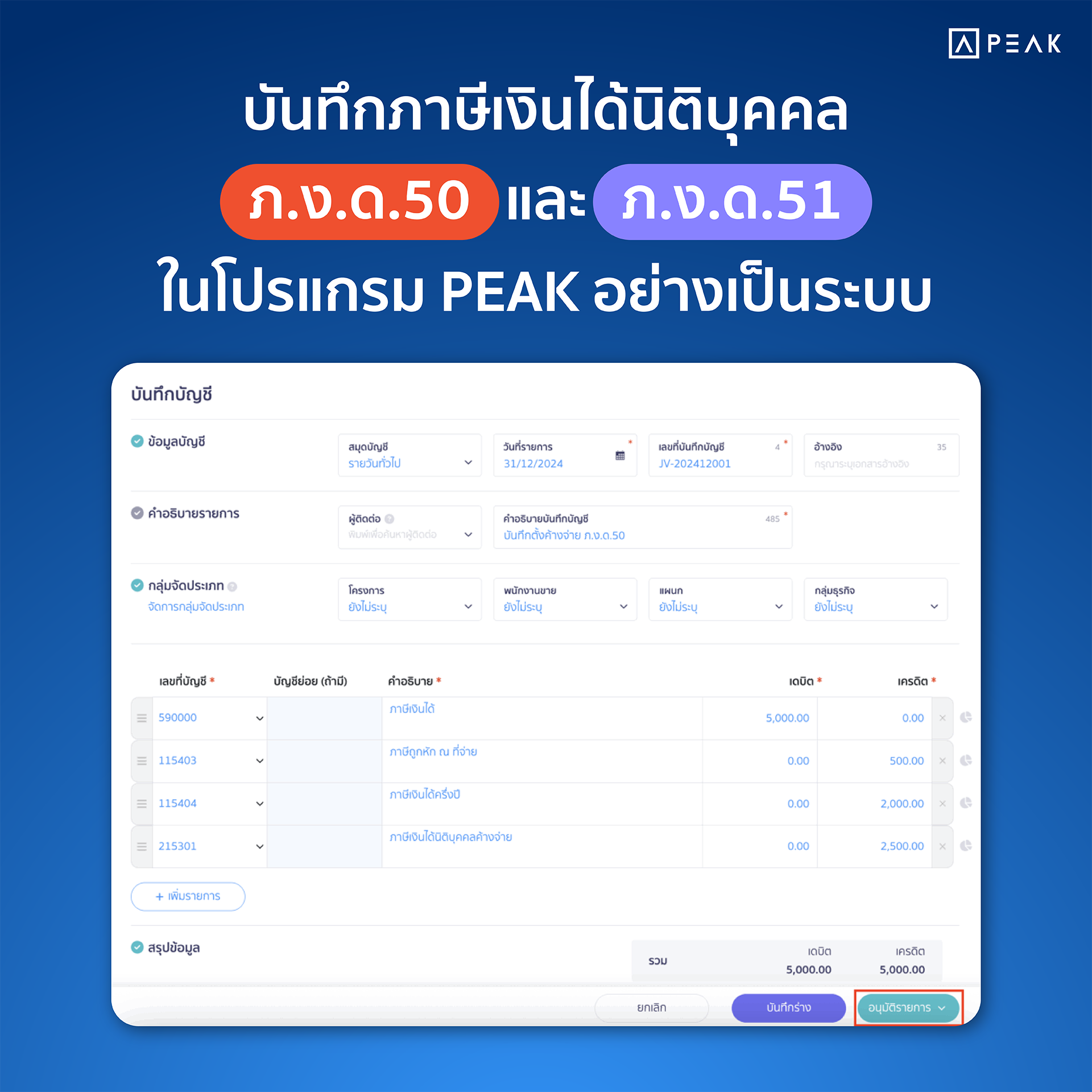 บันทึกบัญชีเงินได้นิติบุคคล ภ.ง.ด.50 และ ภ.ง.ด.51 ในโปรแกรม PEAK