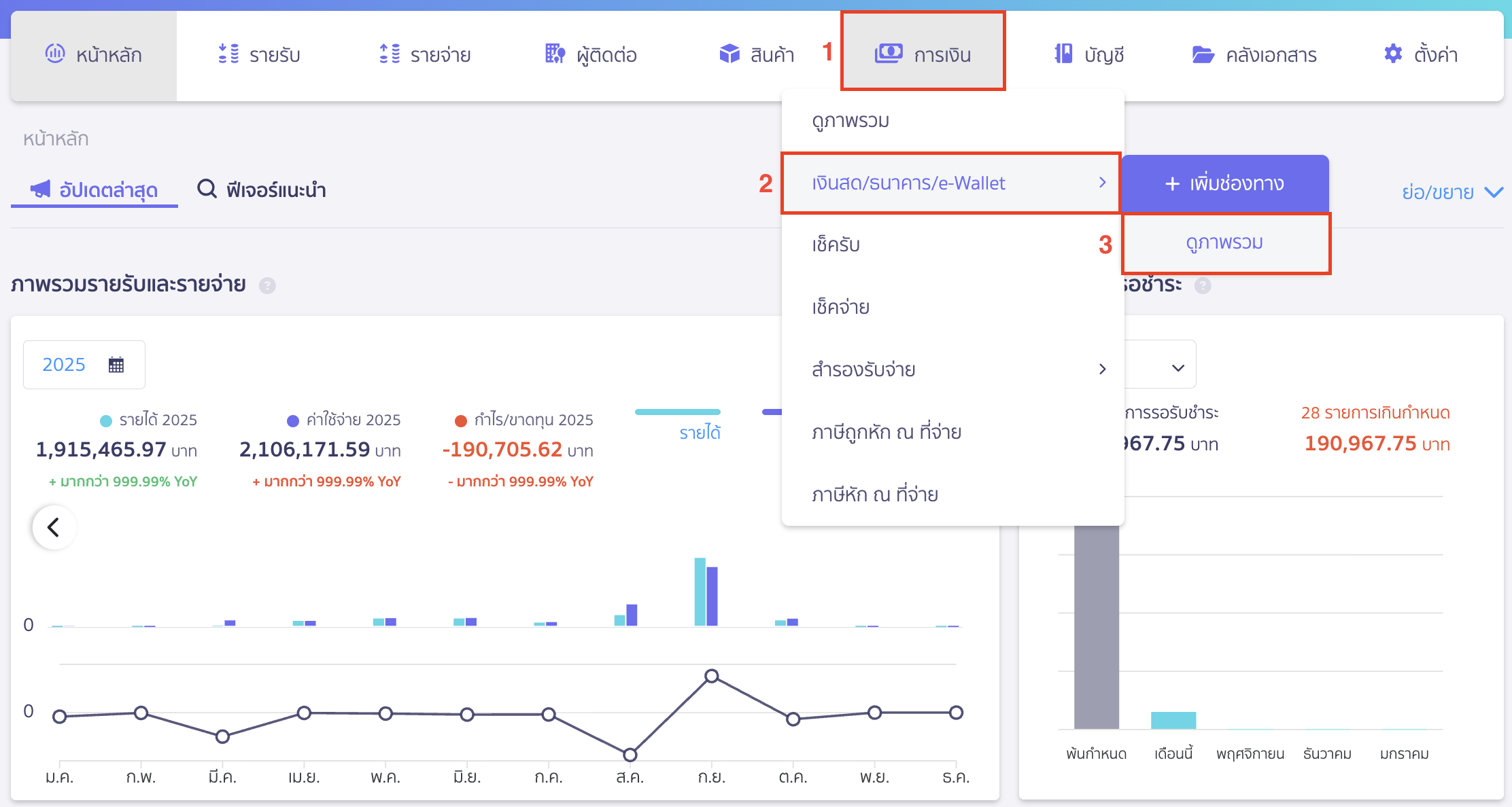 create-entries-bank-reconciliation-1 สร้างรายการผ่านหน้ากระทบยอดธนาคาร ไปที่เมนูการเงิน > เงินสด/ธนาคาร/e-Wallet > ดูภาพรวม