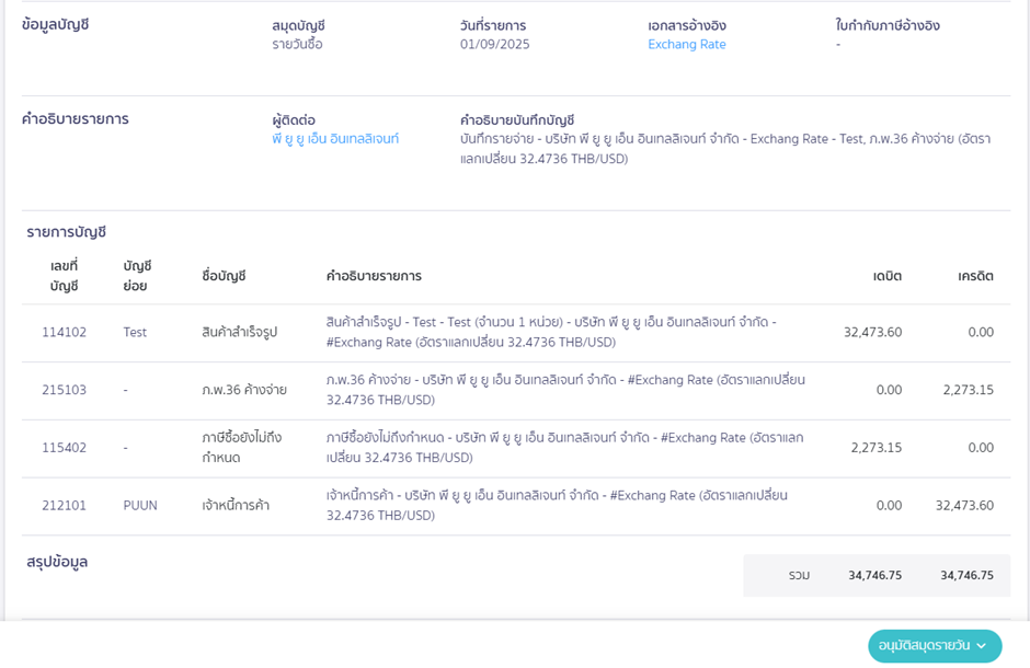 จ่ายชำระค่าธรรมเนียมและกำไร(ขาดทุน) จากอัตราแลกเปลี่ยน
ตัวอย่างการบันทึกบัญชีในเอกสารบันทึกค่าใช้จ่าย