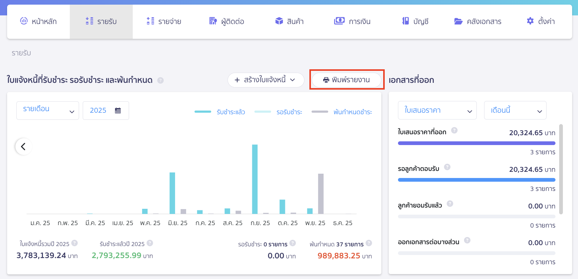 พิมพ์รายงานการขายที่ภาพรวมรายรับ คลิกปุ่ม "พิมพ์รายงาน"