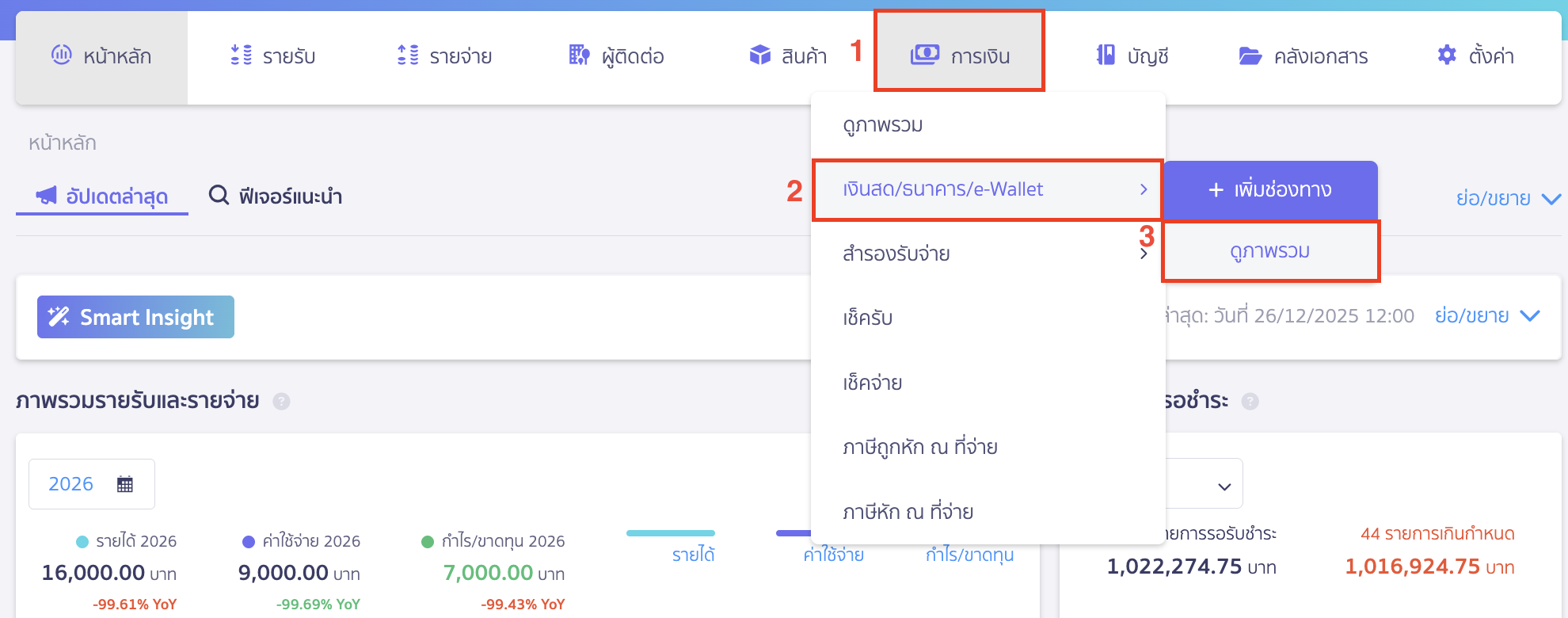 กระทบยอดช่องทางการเงินสดและสำรองรับจ่าย ไปที่เมนูการเงิน > เงินสด/ธนาคาร/e-Wallet > ดูภาพรวม
