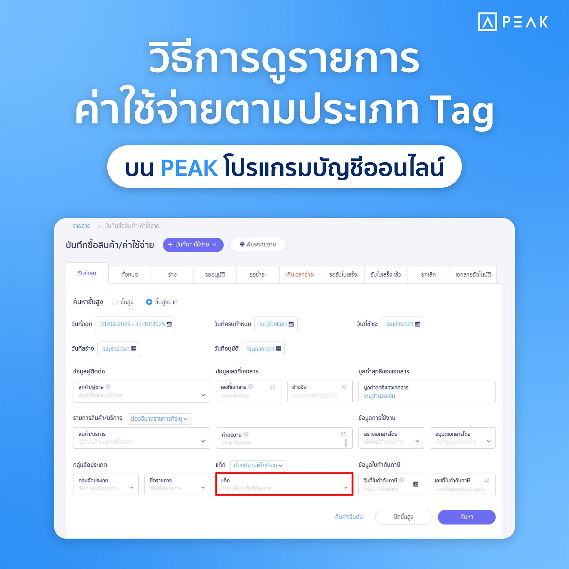 วิธีการดูรายการค่าใช้จ่ายตามประเภท Tag ของ PEAK โปรแกรมบัญชีออนไลน์