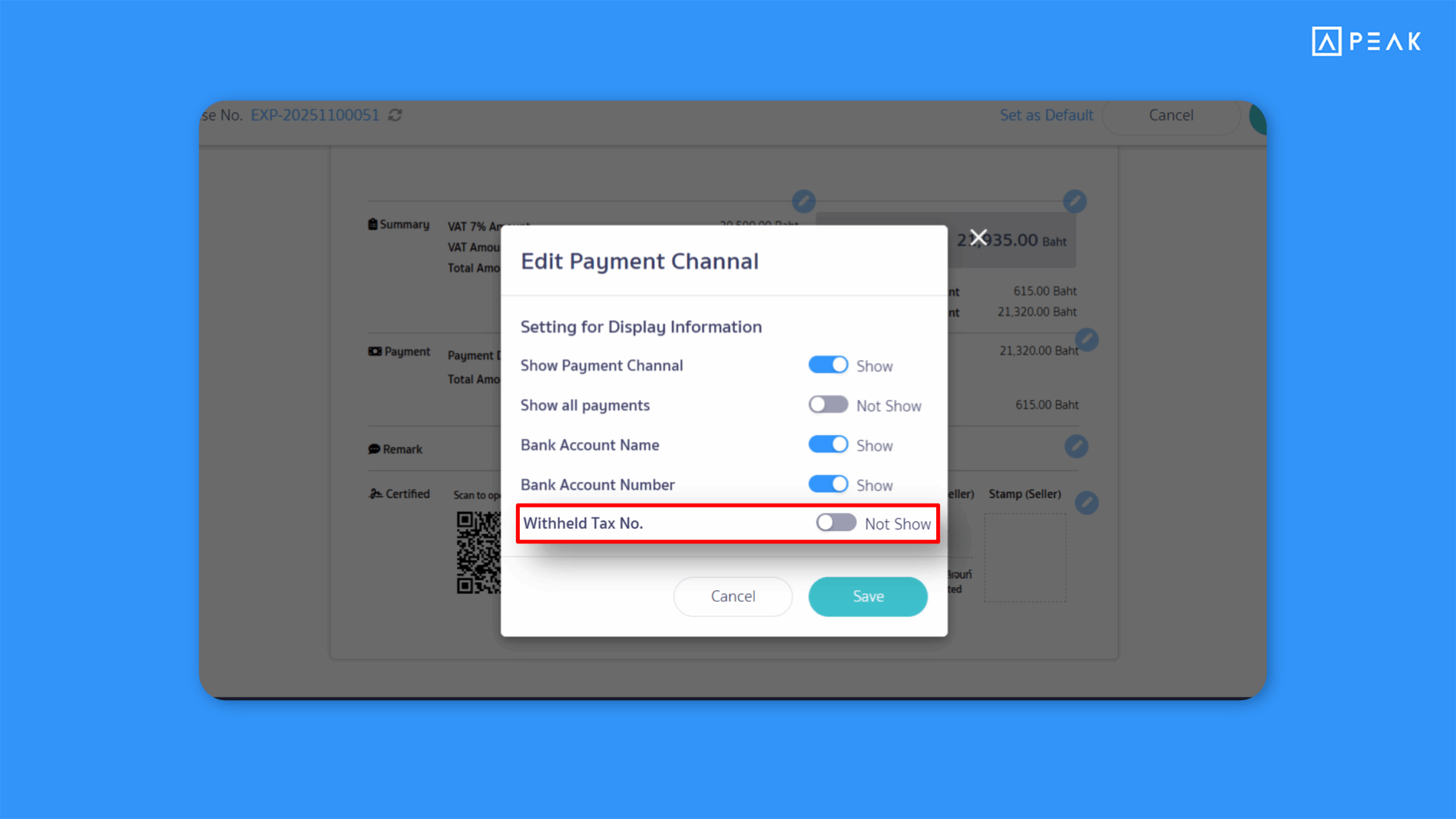 show withholding tax document numbers in PEAK