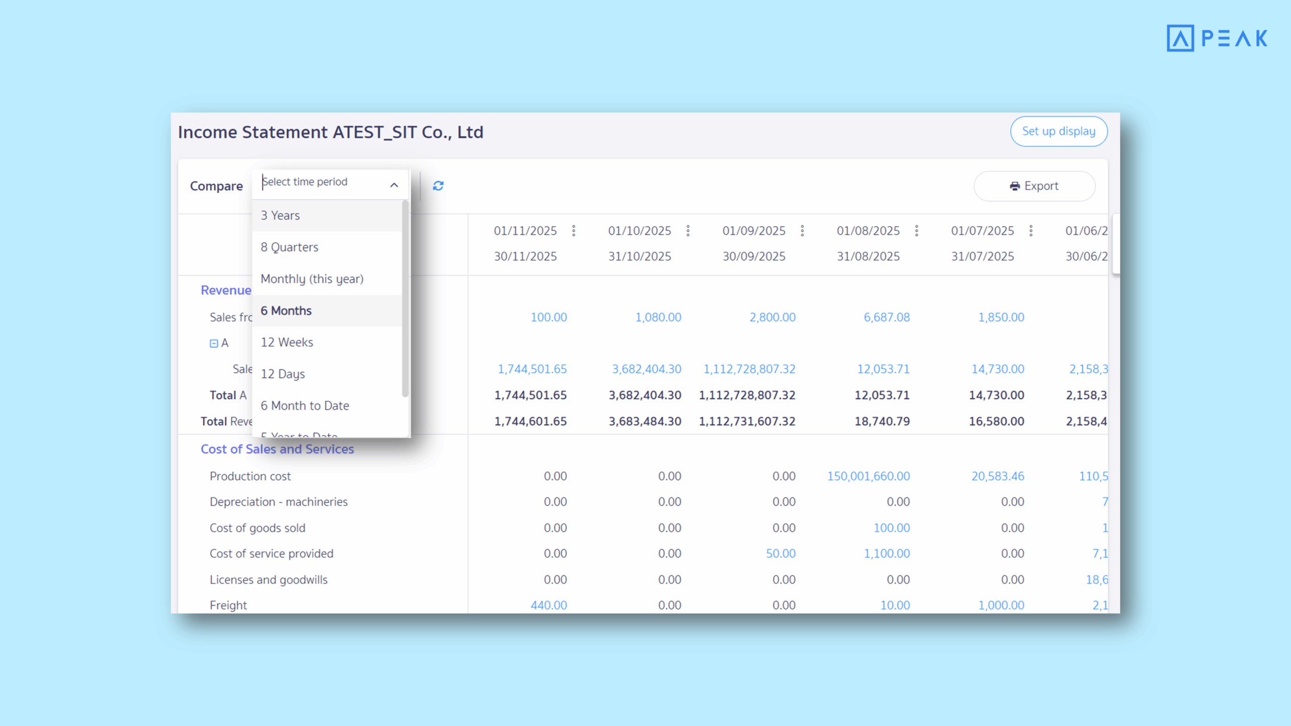 The time period selector for Income Statement