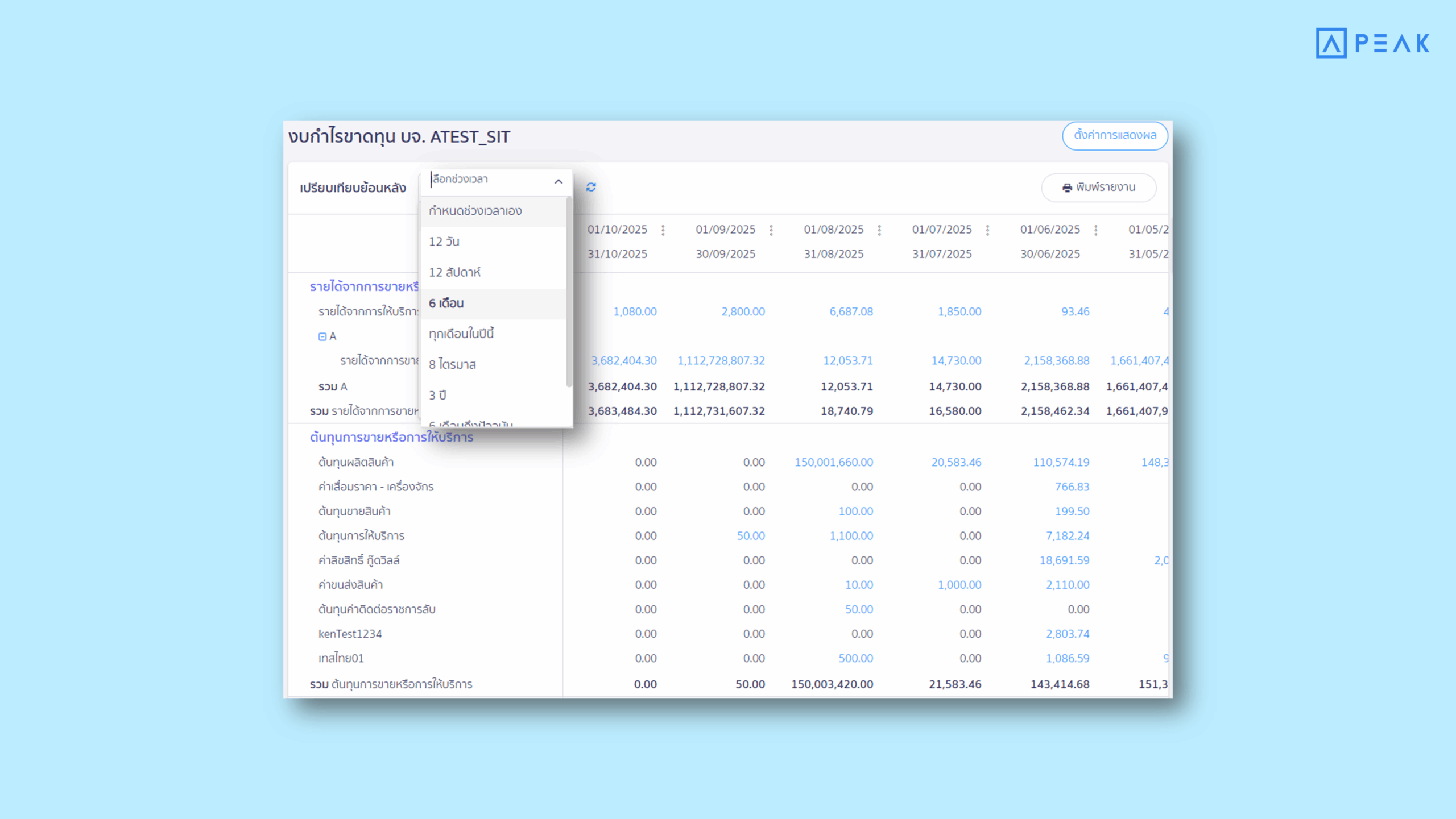 ระบบเปิดให้เลือกช่วงเวลาของงบกำไรขาดทุน
