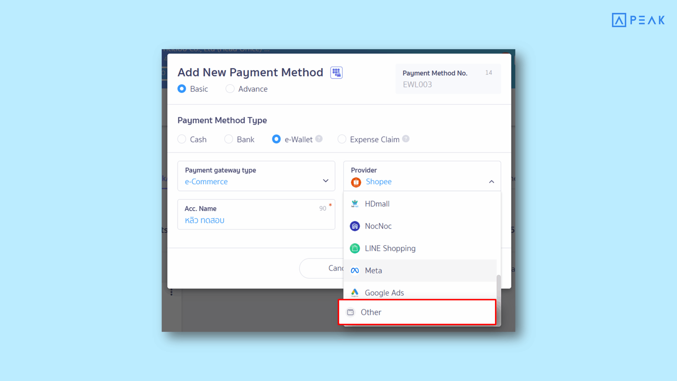 The e-Wallet menu now includes an “Other” option under provider selection.