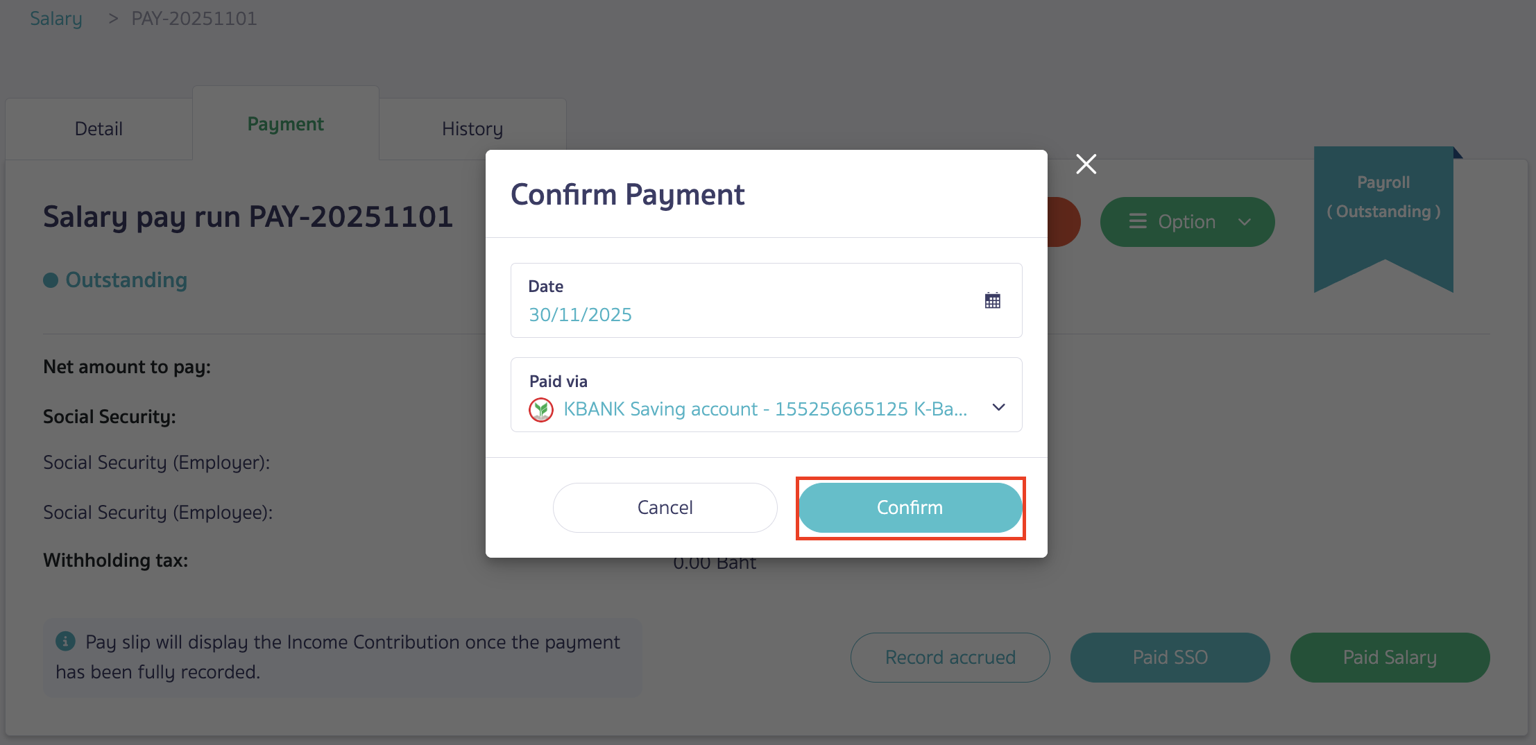 add-contacts-and-configure-account-recording-Payroll-10 Click "Confirm" to Confirm payment salary.