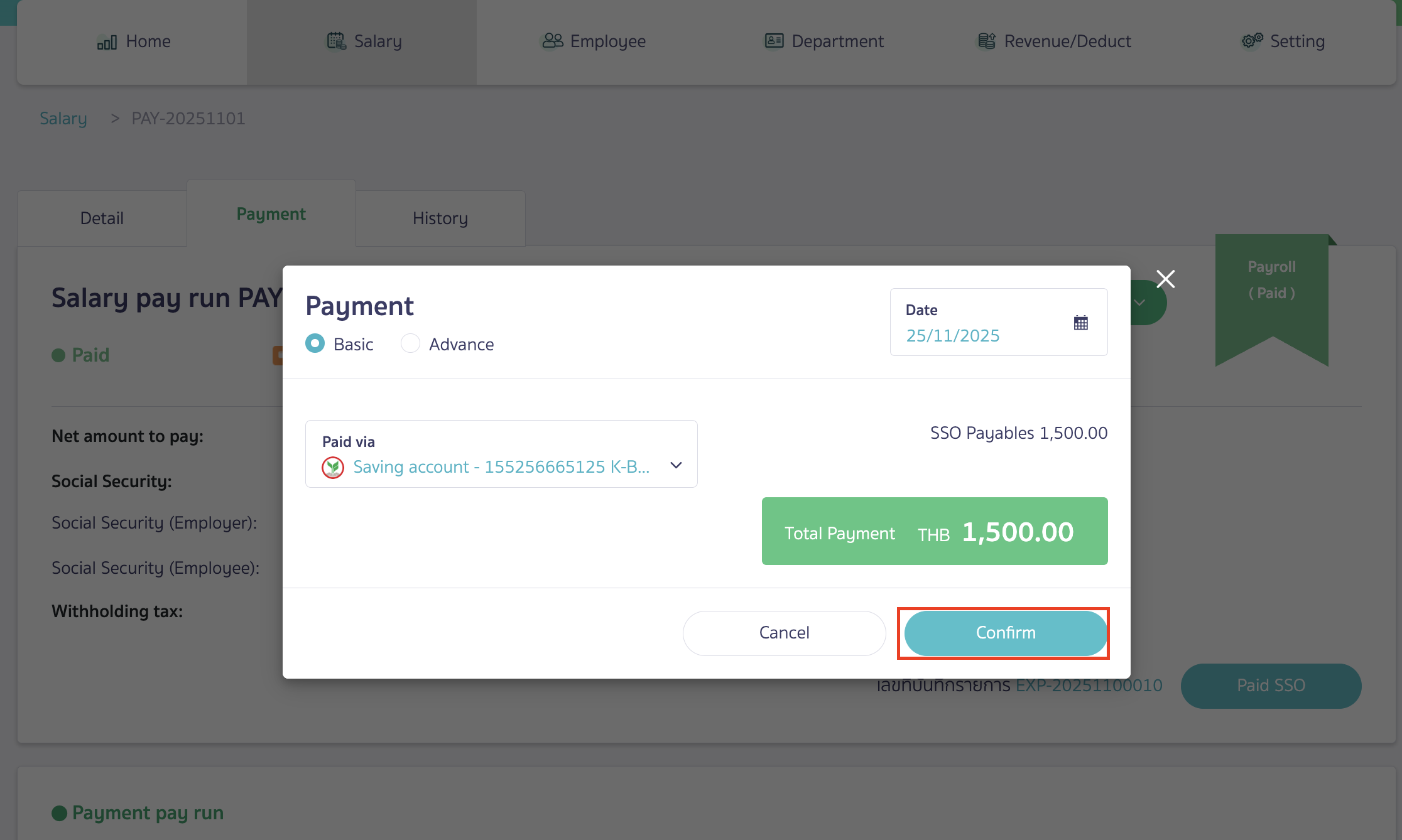add-contacts-and-configure-account-recording-Payroll-12 Adding contacts and configuring account recording Click "Confirm" to Confirm payment.