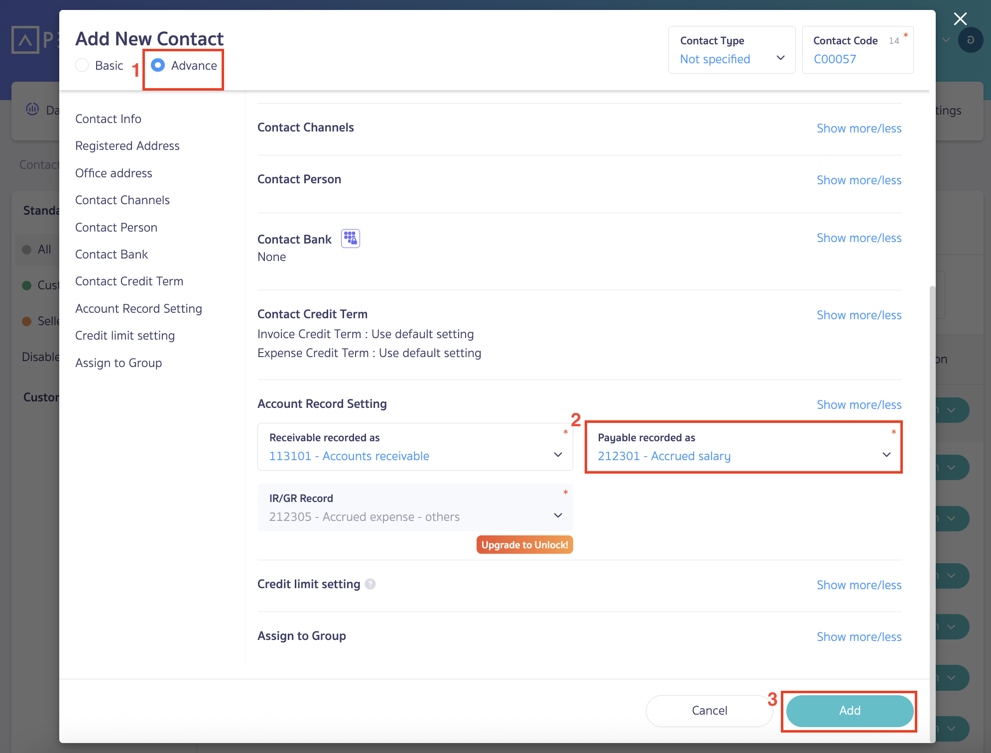 add-contacts-and-configure-account-recording-Payroll-3 Adding contacts and configuring account recording Click on 'Advanced' then select the 'Account Record Setting'