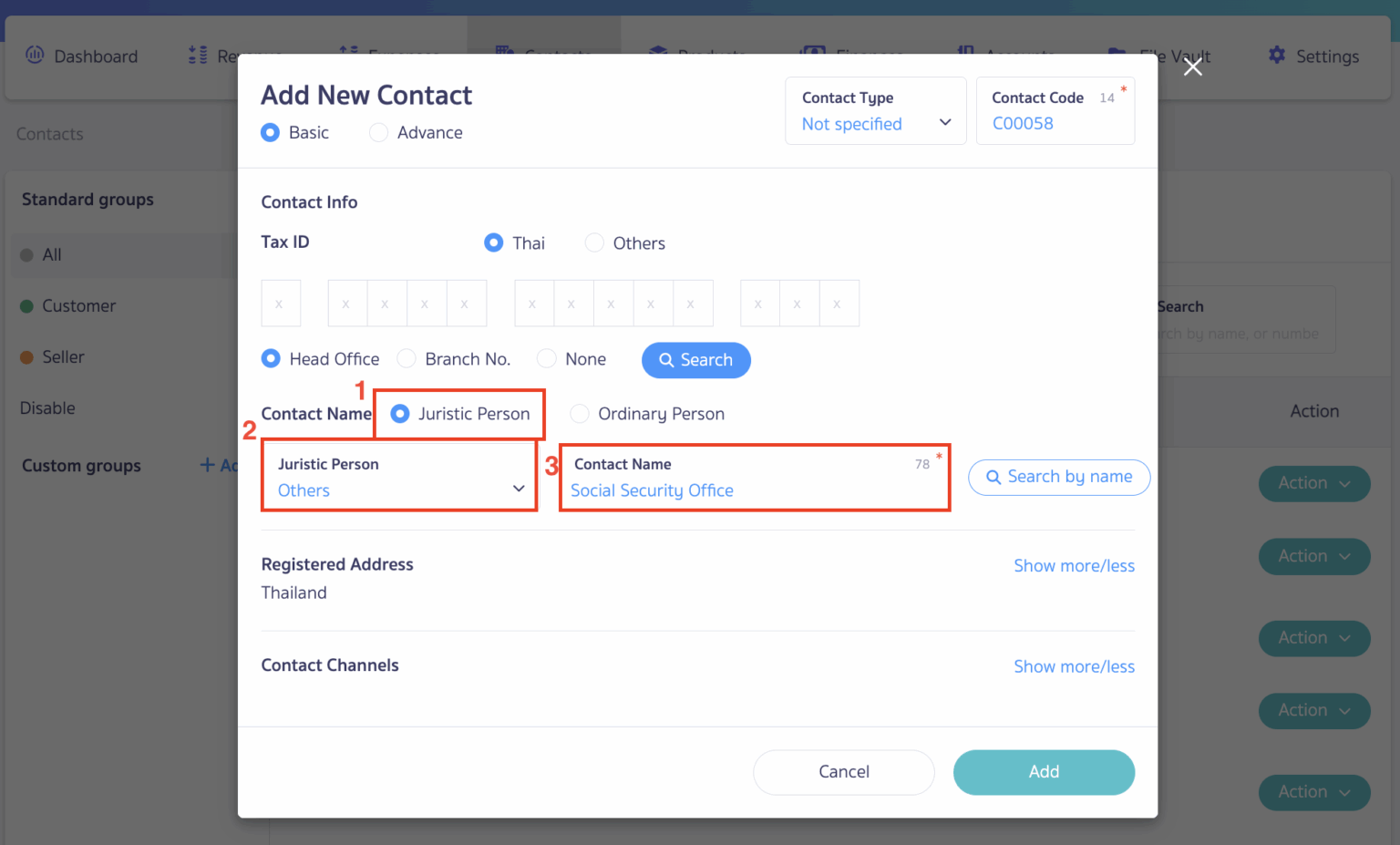 Adding contacts and configuring account recording in PEAK Payroll