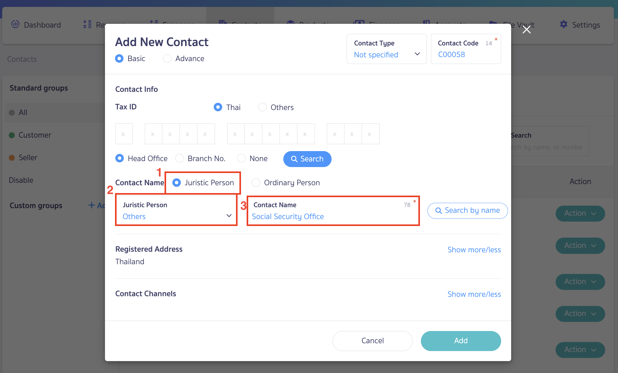 add-contacts-and-configure-account-recording-Payroll-6 Specify the desired information