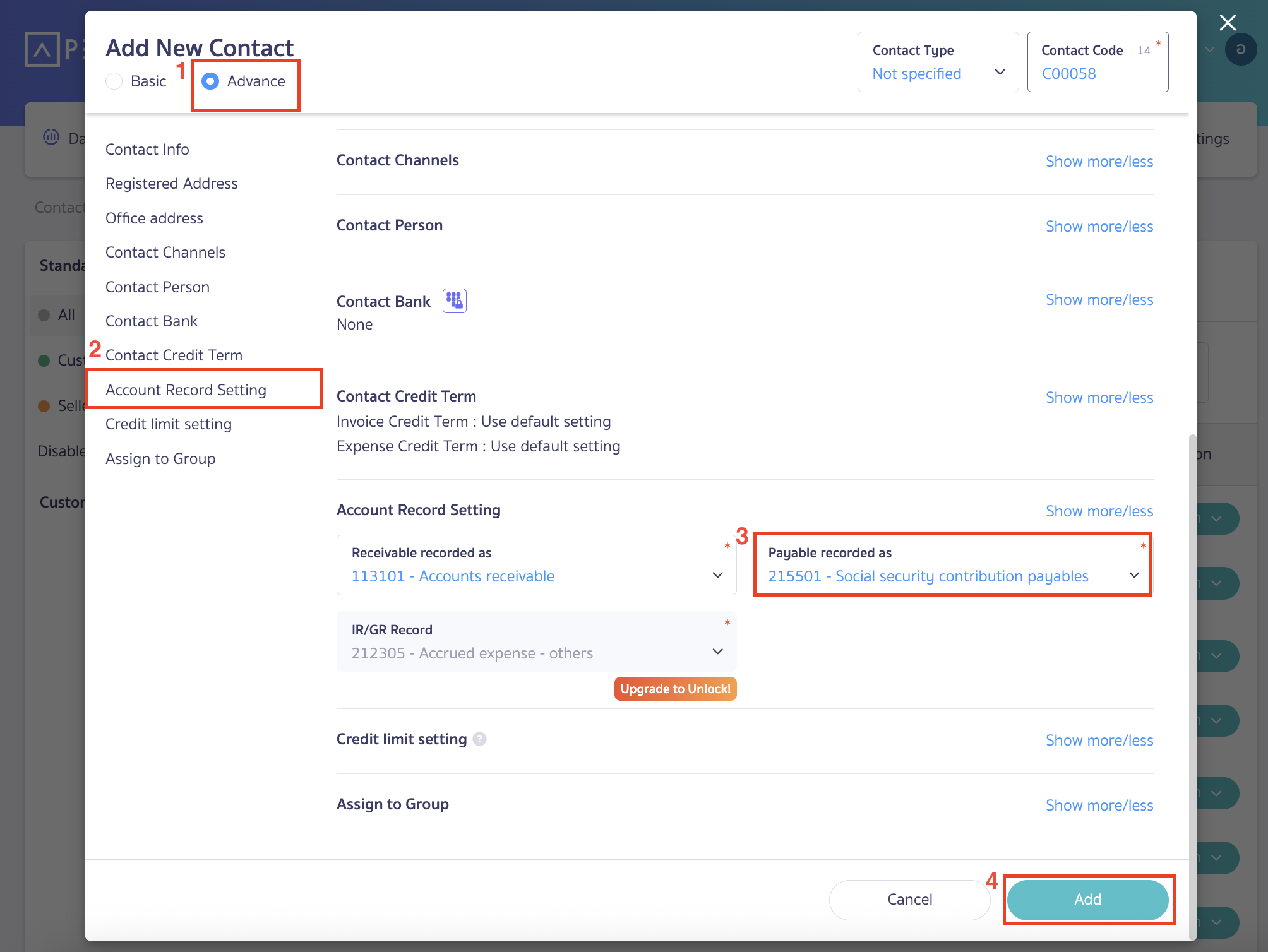add-contacts-and-configure-account-recording-Payroll-7 Click on 'Advanced' then select the 'Account Record Setting'