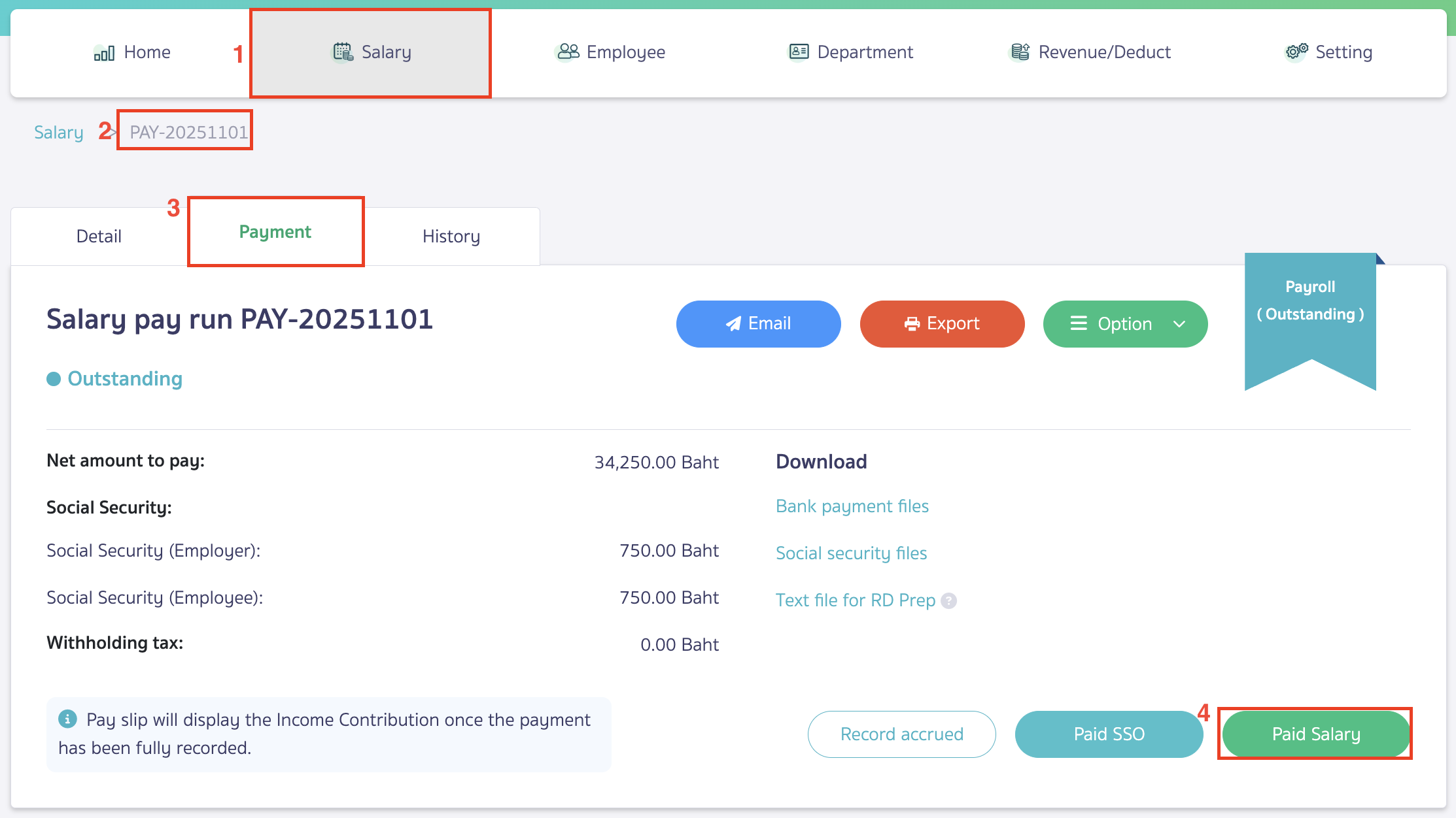 add-contacts-and-configure-account-recording-Payroll-9 clicking "Paid Salary" to pay employee salaries and remit Social Security contributions