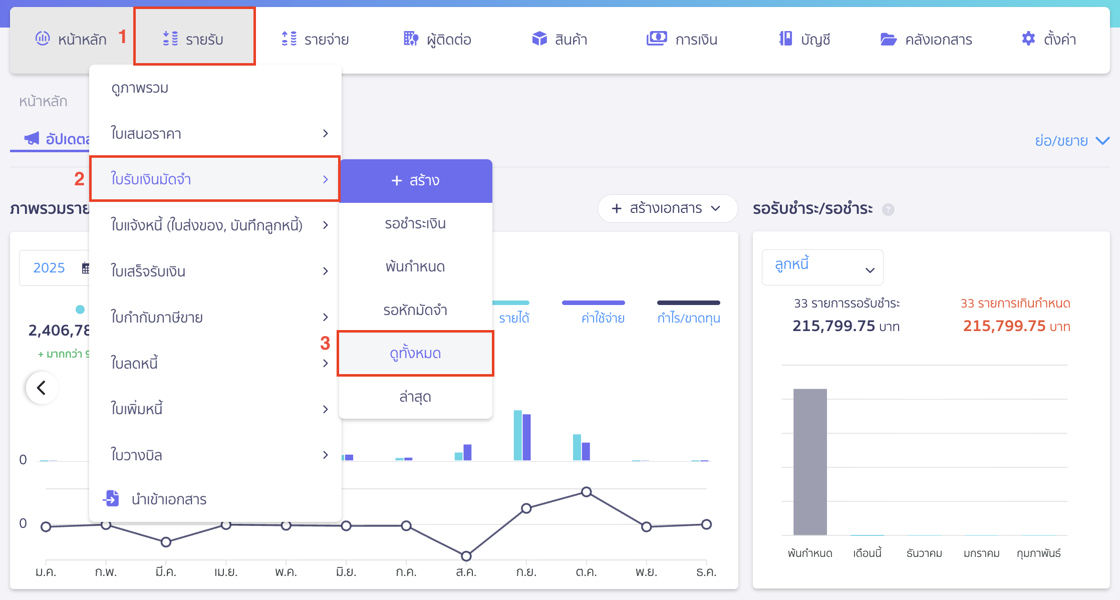 แก้ไขใบรับเงินมัดจำ ไปที่เมนูรายรับ > ใบรับเงินมัดจำ > ดูทั้งหมด