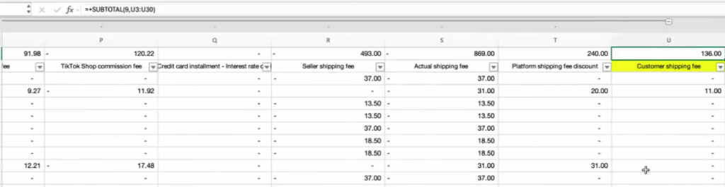 Sum ช่องคอลัมน์ U > Customer Shipping fee