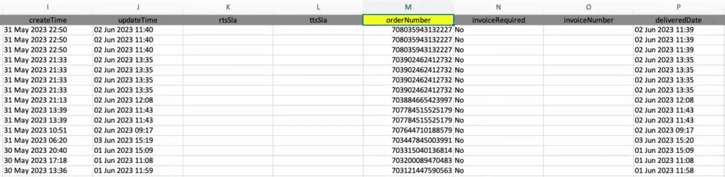 การกระทบยอด Lazada ใช้ข้อมูลหมายเลขคำสั่งซื้อ orderNumber (คอลัมน์ M)