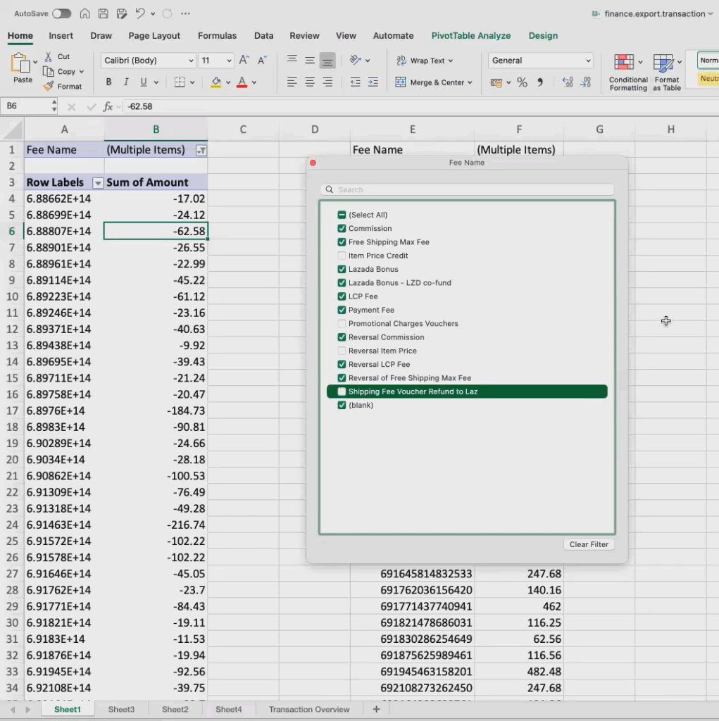 จากนั้นให้กรองข้อมูจาก Freename (คอลัมน์ A) กดเพื่อ Filters เลือกข้อมูลเพื่อดูค่าใช้จ่าย ข้อมูลที่สอง คือ ค่าบริการ