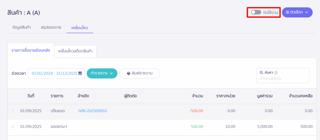 ปิดการใช้งานสินค้า A