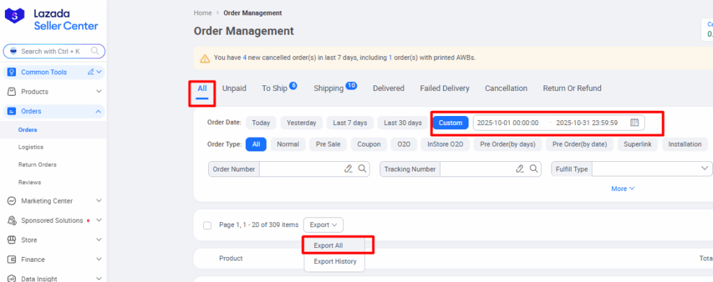 การกระทบยอด Lazada วิธีการ download ไฟล์ที่ 1 : Order list หรือ คำสั่งซื้อทั้งหมด