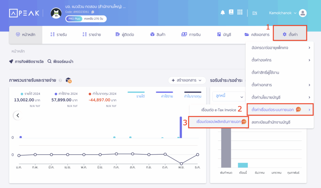 ขอ User Token สำหรับเชื่อมต่อแอปพลิเคชันของคุณ โดยไปที่เมนูตั้งค่า > ตั้งค่าเชื่อมต่อระบบภายนอก > เชื่อมต่อแอปพลิเคชันภายนอก