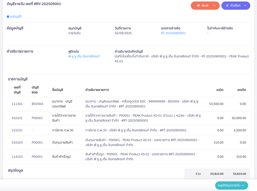 ตัวอย่างการบันทึกบัญชี