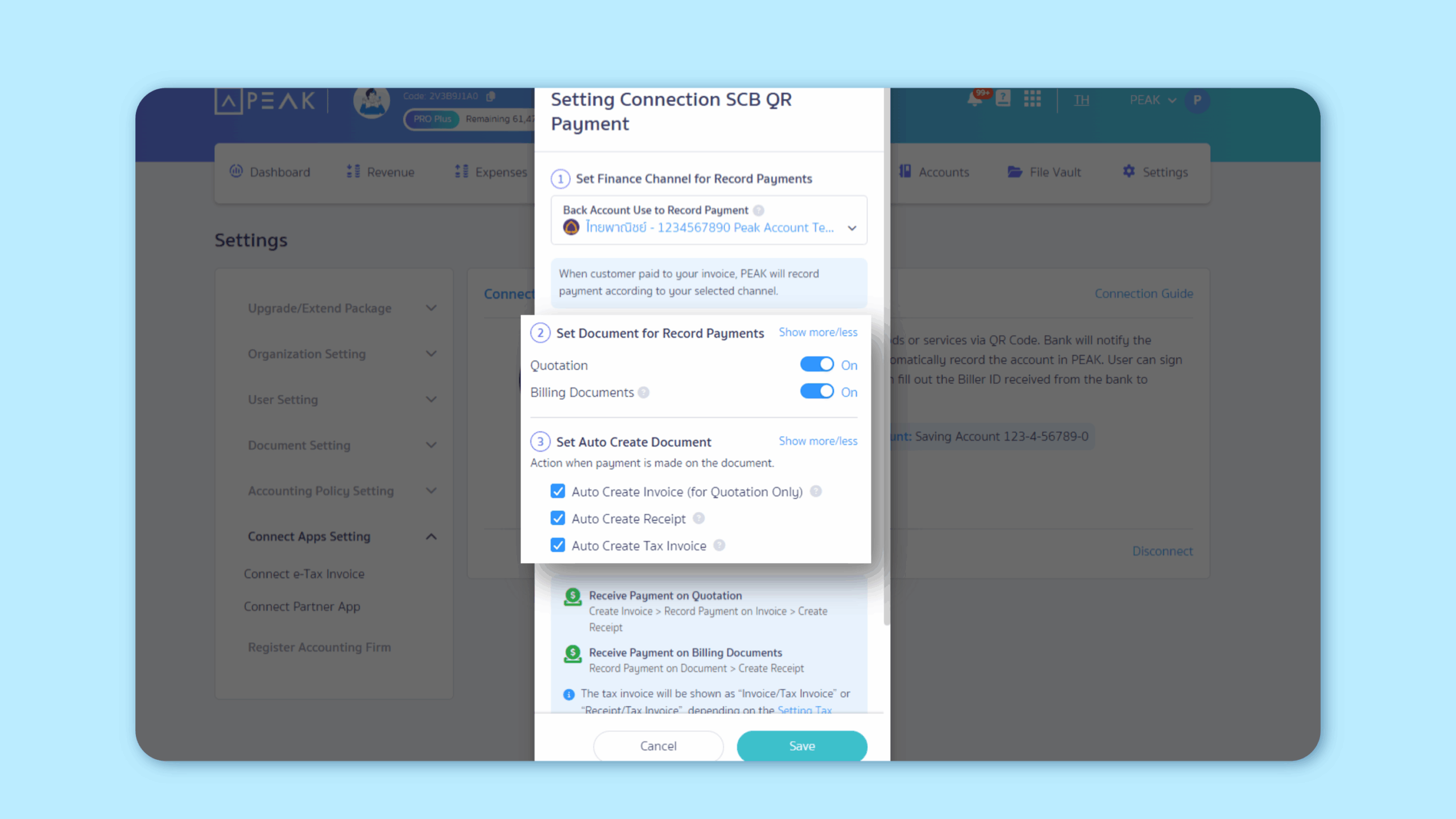 The document issued after payment depends on system settings.